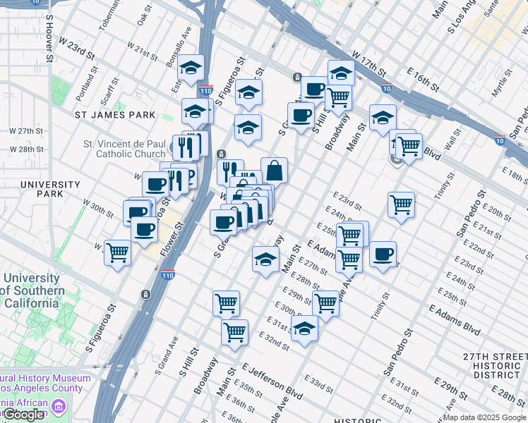 map of restaurants, bars, coffee shops, grocery stores, and more near 2540 South Hill Street in Los Angeles