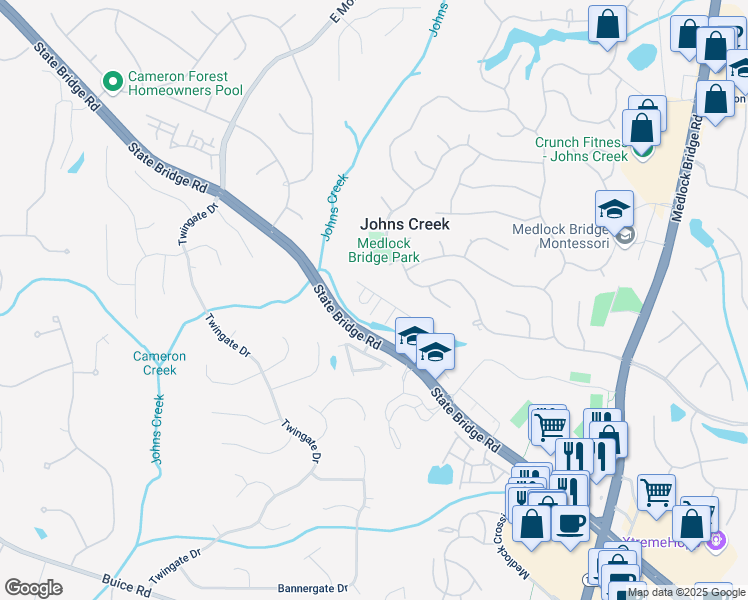 map of restaurants, bars, coffee shops, grocery stores, and more near 1003 Crown Oak Street in Johns Creek