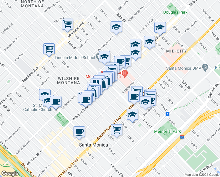 map of restaurants, bars, coffee shops, grocery stores, and more near 1214 14th Street in Santa Monica