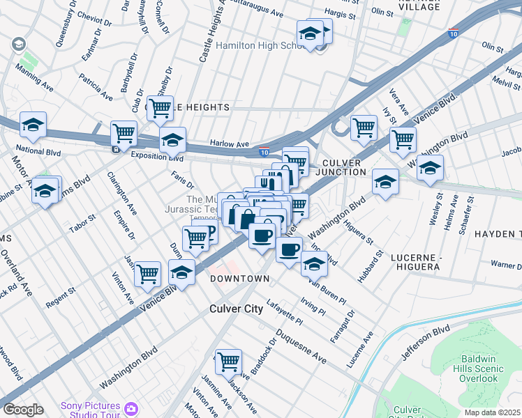map of restaurants, bars, coffee shops, grocery stores, and more near 9325 Venice Boulevard in Culver City