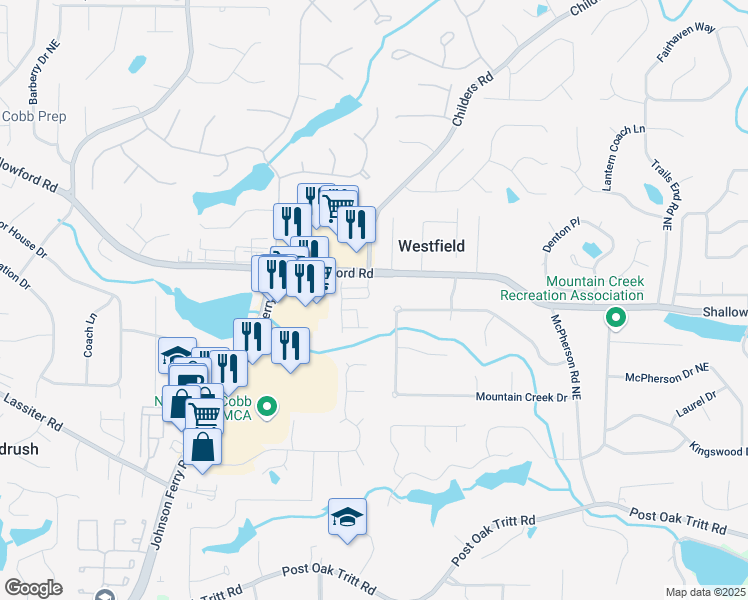 map of restaurants, bars, coffee shops, grocery stores, and more near 3154 Havencroft Drive Northeast in Roswell