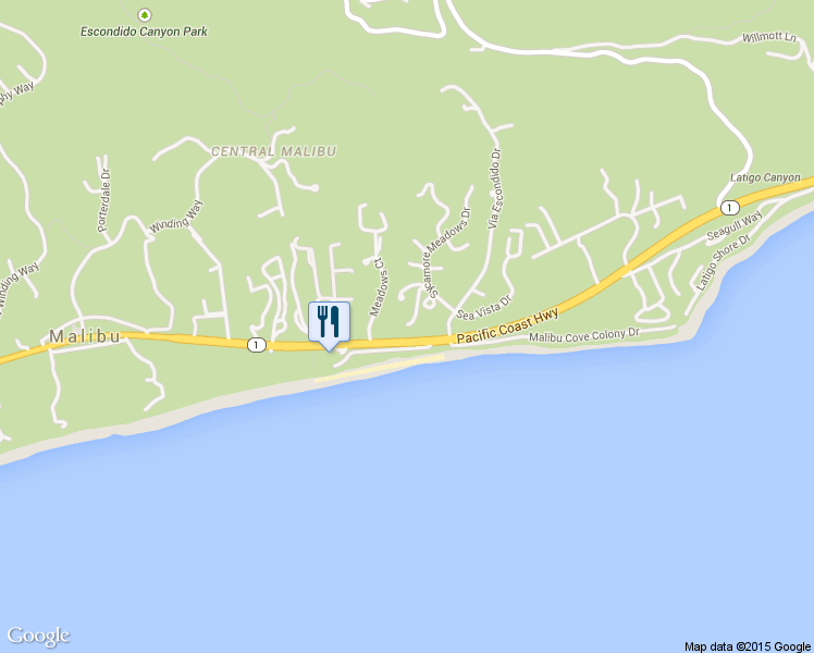 map of restaurants, bars, coffee shops, grocery stores, and more near 6447 Sycamore Meadows Drive in Malibu
