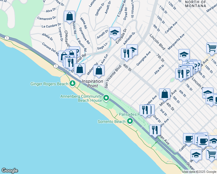 map of restaurants, bars, coffee shops, grocery stores, and more near 301 Ocean Avenue in Santa Monica
