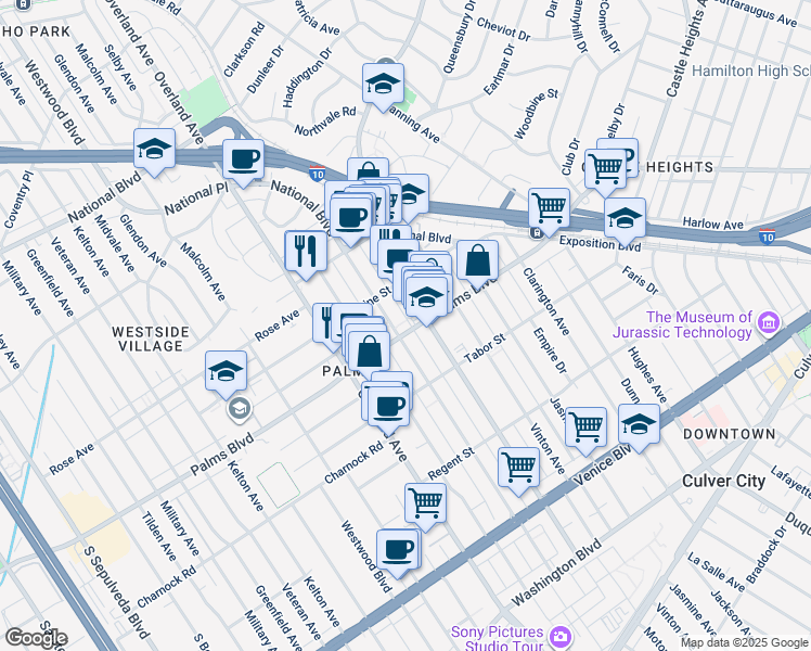 map of restaurants, bars, coffee shops, grocery stores, and more near 3462 Mentone Avenue in Los Angeles