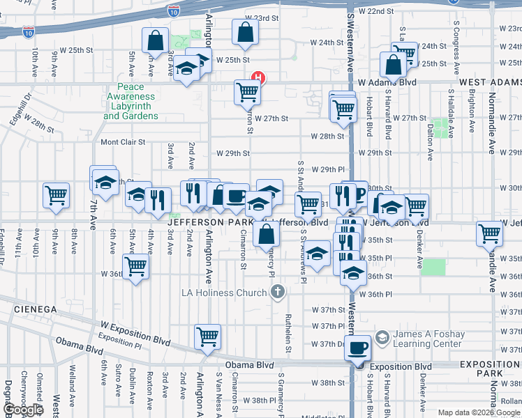 map of restaurants, bars, coffee shops, grocery stores, and more near 2180 West 31st Street in Los Angeles