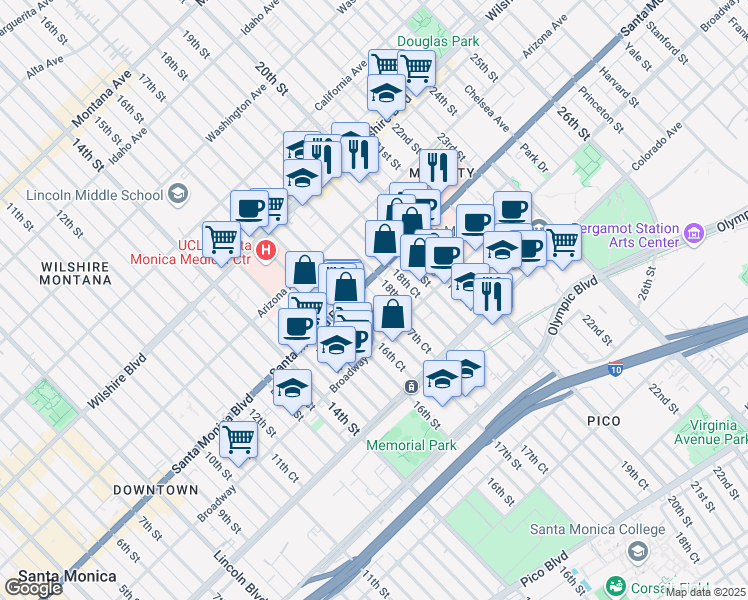 map of restaurants, bars, coffee shops, grocery stores, and more near 1417 17th Street in Santa Monica