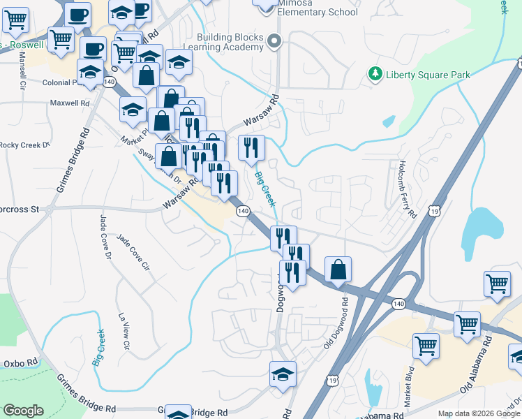 map of restaurants, bars, coffee shops, grocery stores, and more near 430 Old Holcomb Bridge Road in Roswell