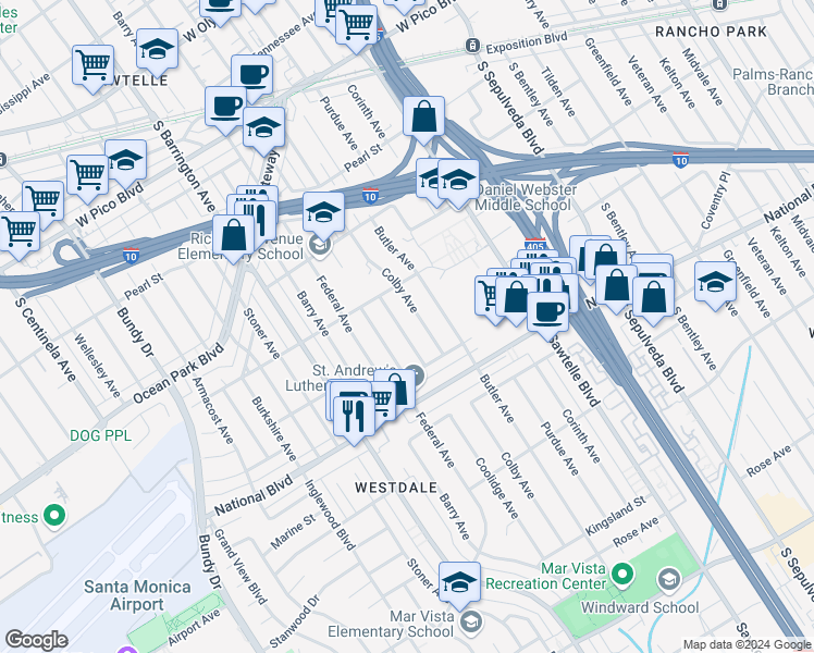 map of restaurants, bars, coffee shops, grocery stores, and more near 2744 Ceilhunt Avenue in Los Angeles