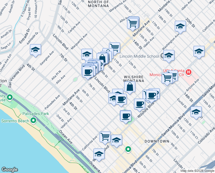 map of restaurants, bars, coffee shops, grocery stores, and more near 907 Lincoln Boulevard in Santa Monica