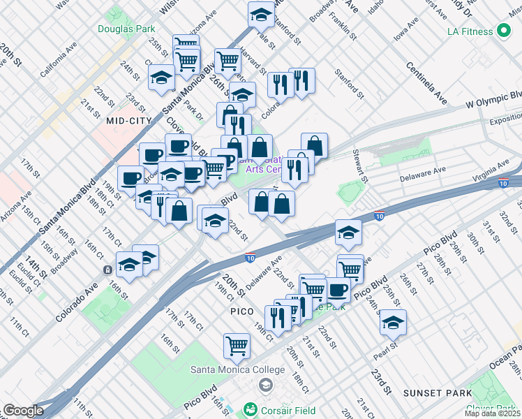 map of restaurants, bars, coffee shops, grocery stores, and more near 1728 Cloverfield Boulevard in Santa Monica