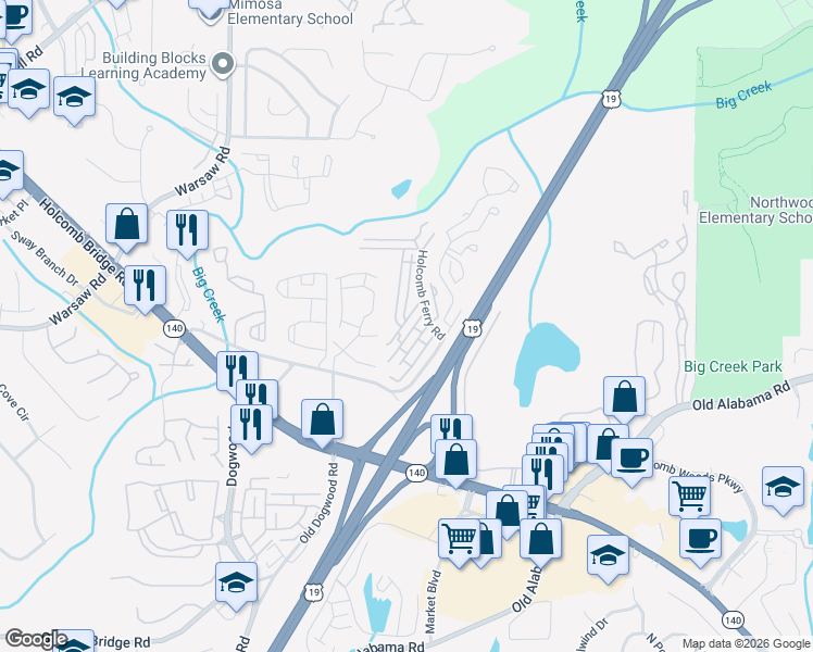 map of restaurants, bars, coffee shops, grocery stores, and more near 230 Mill Creek Place in Roswell