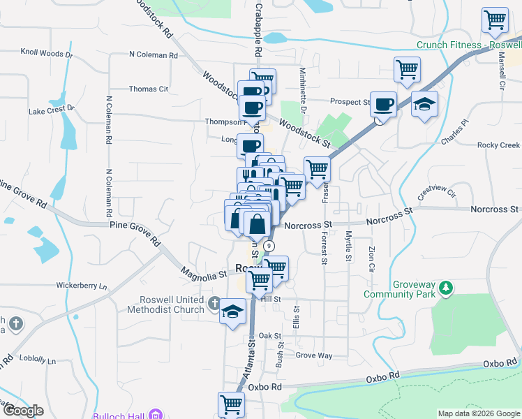 map of restaurants, bars, coffee shops, grocery stores, and more near 1002 Canton Street in Roswell
