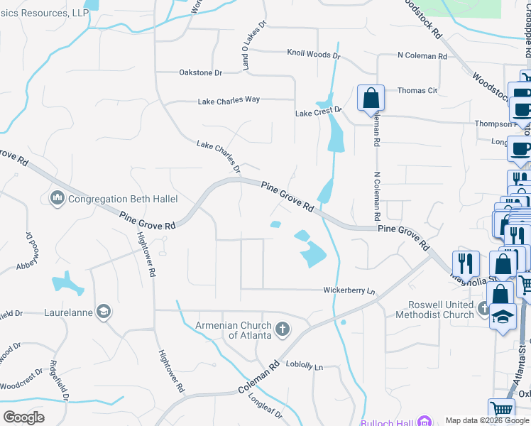 map of restaurants, bars, coffee shops, grocery stores, and more near 165 Pineridge Way in Roswell