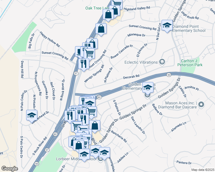 map of restaurants, bars, coffee shops, grocery stores, and more near 23702 Decorah Road in Diamond Bar