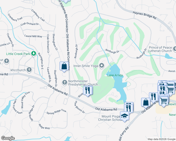 map of restaurants, bars, coffee shops, grocery stores, and more near 2310 Roxburgh Drive in Roswell