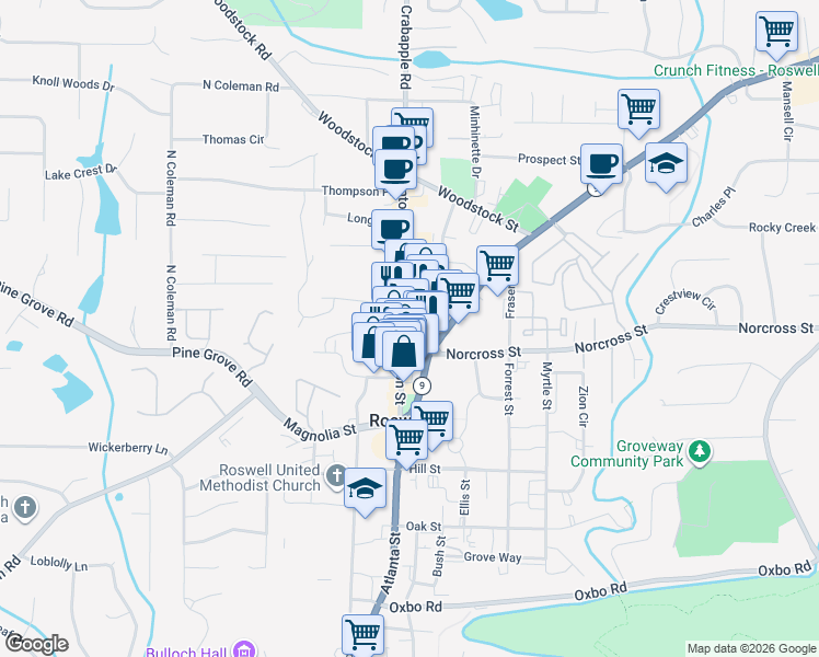 map of restaurants, bars, coffee shops, grocery stores, and more near 1002 Canton Street in Roswell
