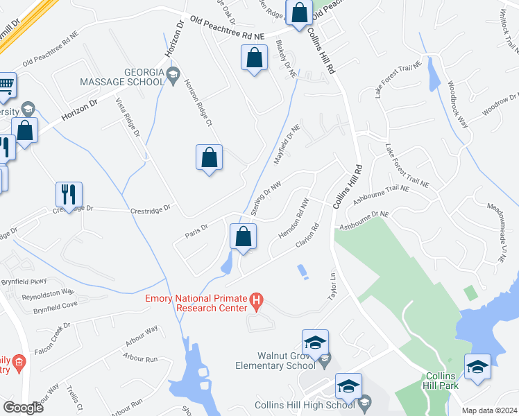 map of restaurants, bars, coffee shops, grocery stores, and more near 2679 Sterling Drive Northeast in Lawrenceville