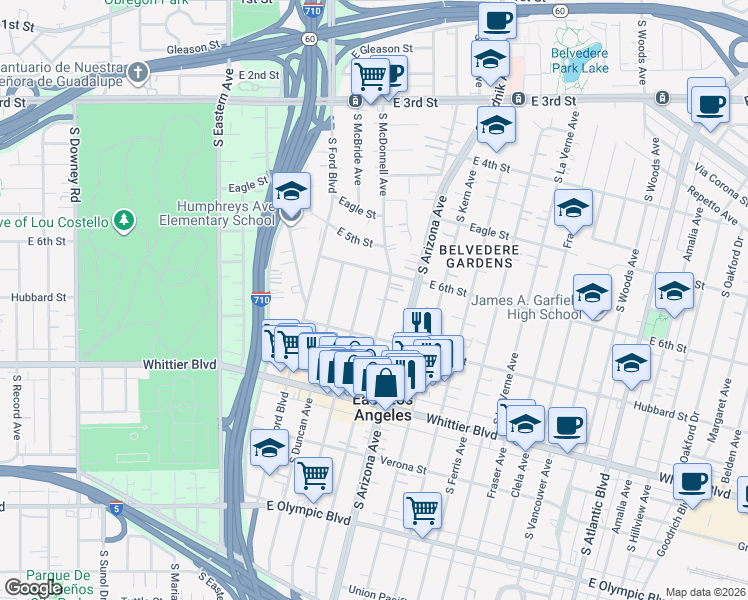 map of restaurants, bars, coffee shops, grocery stores, and more near 649 South McDonnell Avenue in Los Angeles