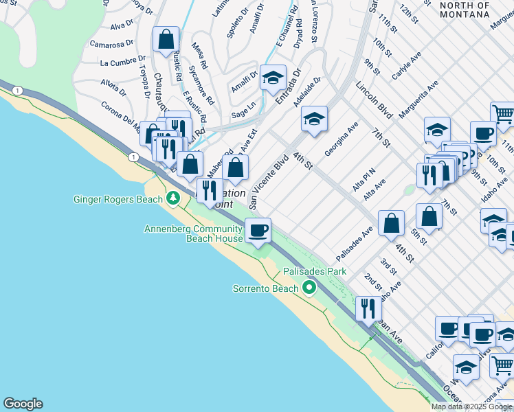 map of restaurants, bars, coffee shops, grocery stores, and more near 301 Ocean Avenue in Santa Monica