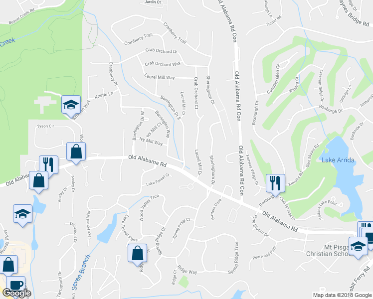 map of restaurants, bars, coffee shops, grocery stores, and more near 155 Barrington Drive East in Roswell