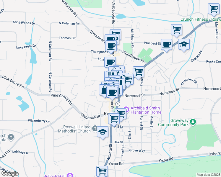 map of restaurants, bars, coffee shops, grocery stores, and more near 1002 Canton Street in Roswell