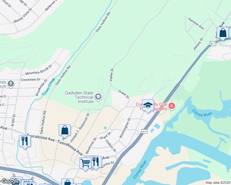 map of restaurants, bars, coffee shops, grocery stores, and more near 702 Grant Street in Gadsden