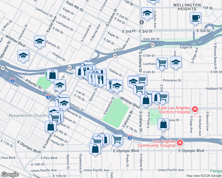 map of restaurants, bars, coffee shops, grocery stores, and more near 3555 Whittier Boulevard in Los Angeles