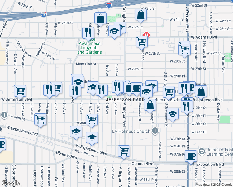 map of restaurants, bars, coffee shops, grocery stores, and more near 2332 West 31st Street in Los Angeles