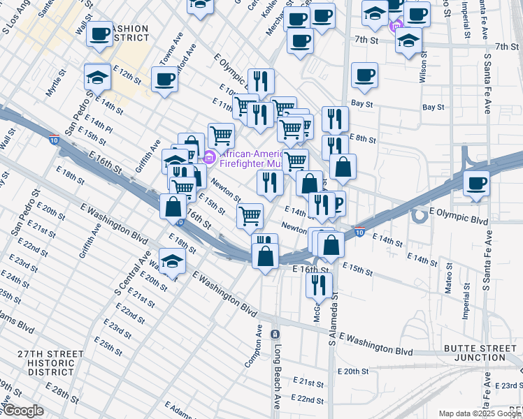 map of restaurants, bars, coffee shops, grocery stores, and more near 1429 Newton Street in Los Angeles