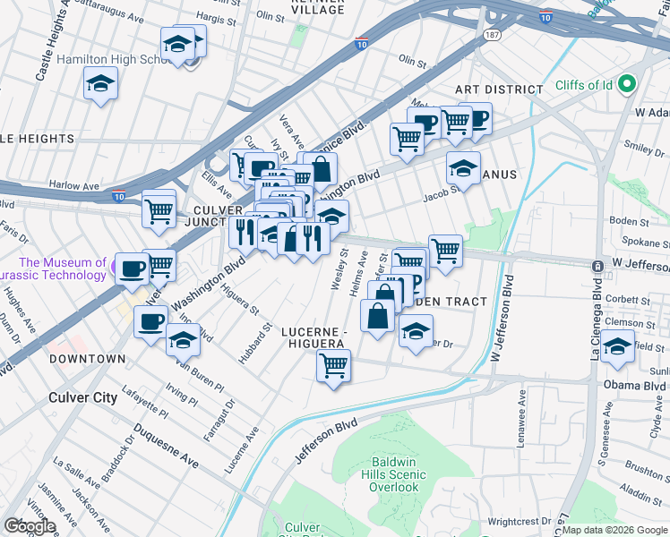 map of restaurants, bars, coffee shops, grocery stores, and more near 3548 Wesley Street in Culver City