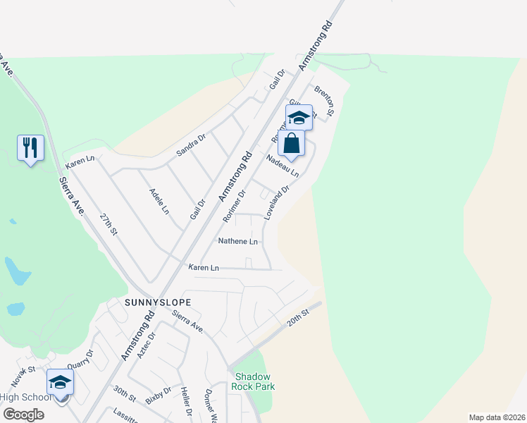 map of restaurants, bars, coffee shops, grocery stores, and more near 6619 Kerry Lane in Riverside