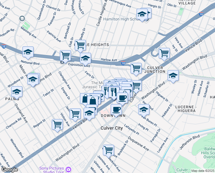 map of restaurants, bars, coffee shops, grocery stores, and more near 3730 Watseka Avenue in Los Angeles