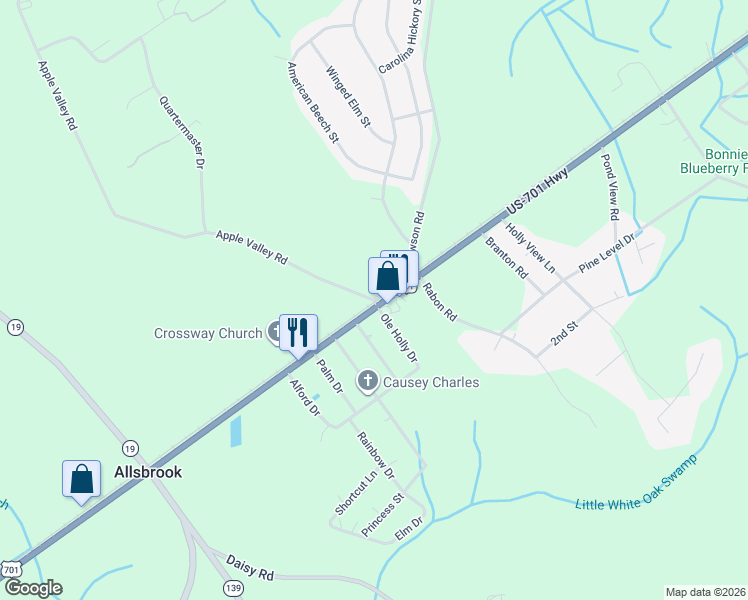 map of restaurants, bars, coffee shops, grocery stores, and more near 121 Apple Valley Road in Loris