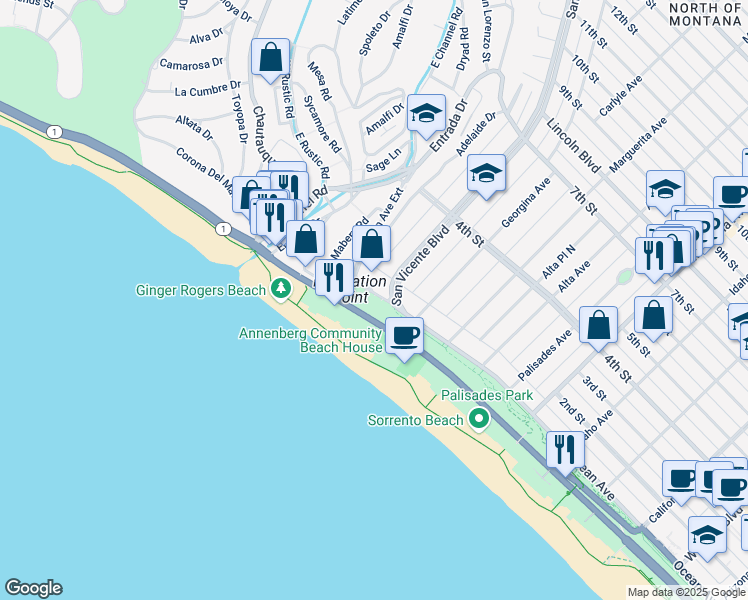 map of restaurants, bars, coffee shops, grocery stores, and more near 201 Ocean Avenue Extension in Santa Monica