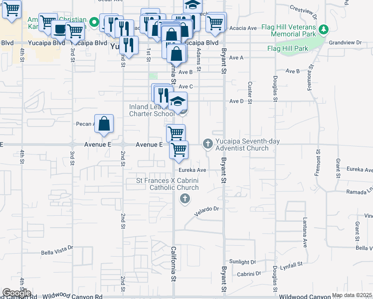 map of restaurants, bars, coffee shops, grocery stores, and more near 35145 Avenue E in Yucaipa