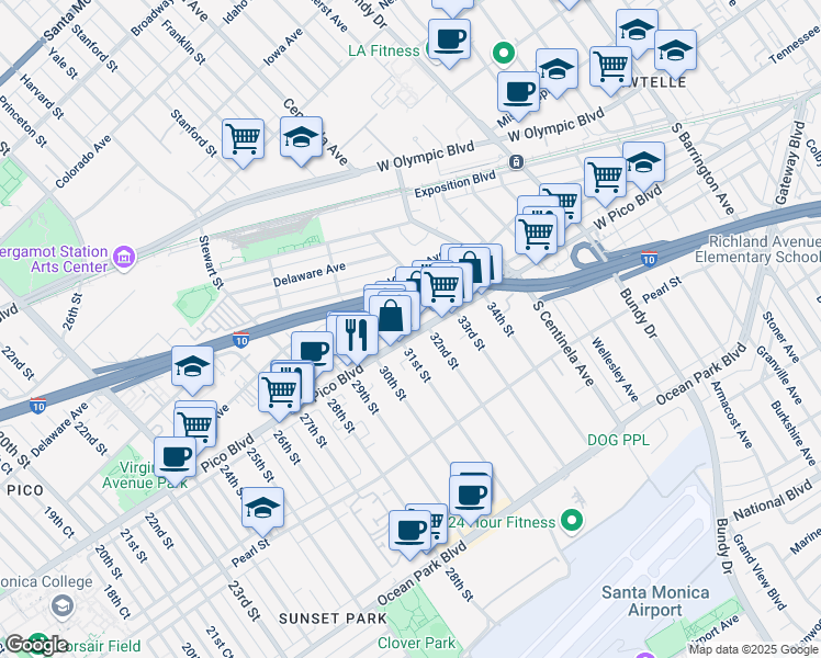 map of restaurants, bars, coffee shops, grocery stores, and more near 3130 Pico Boulevard in Santa Monica