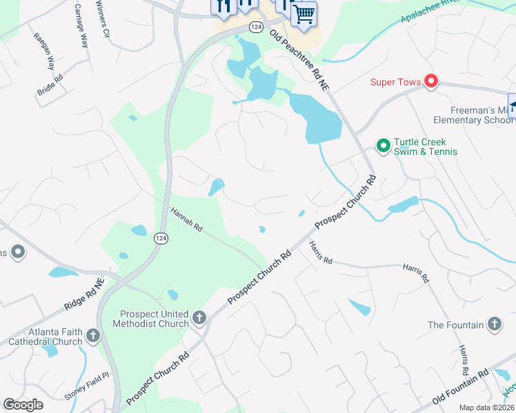 map of restaurants, bars, coffee shops, grocery stores, and more near 1615 Hannah Road in Lawrenceville