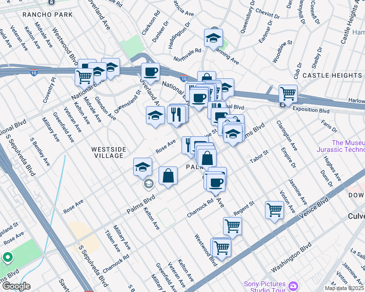 map of restaurants, bars, coffee shops, grocery stores, and more near 3371 Overland Avenue in Los Angeles