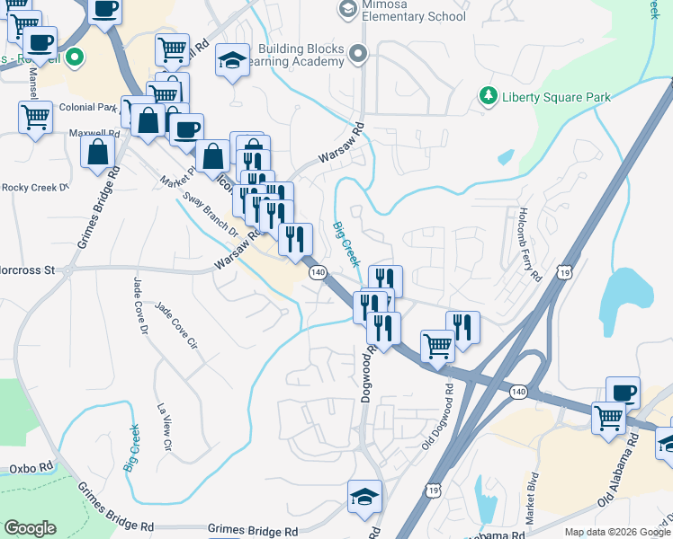 map of restaurants, bars, coffee shops, grocery stores, and more near 430 Old Holcomb Bridge Road in Roswell