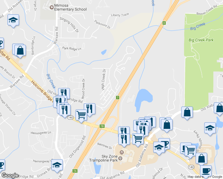 map of restaurants, bars, coffee shops, grocery stores, and more near 141 Holcomb Ferry Road in Roswell