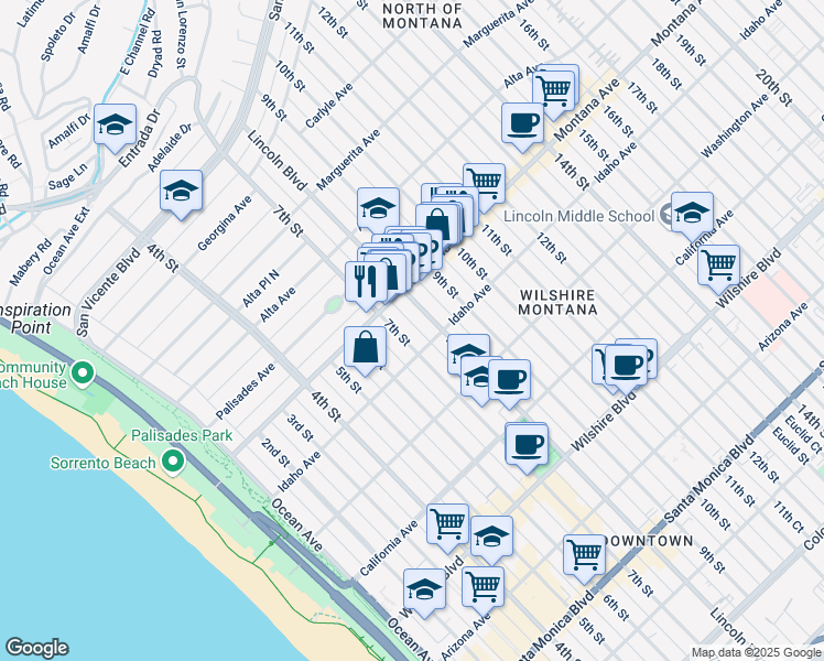 map of restaurants, bars, coffee shops, grocery stores, and more near in Santa Monica