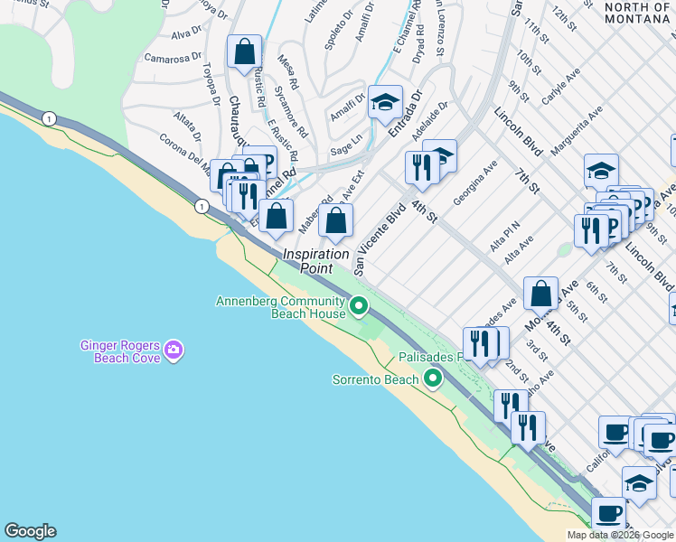 map of restaurants, bars, coffee shops, grocery stores, and more near 201 Ocean Avenue Extension in Santa Monica