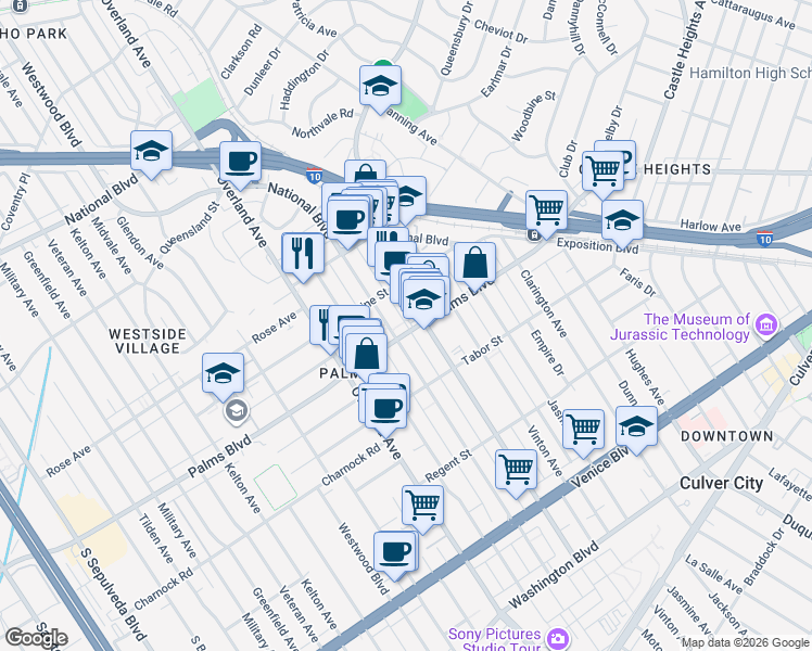 map of restaurants, bars, coffee shops, grocery stores, and more near 10509 Palms Boulevard in Los Angeles