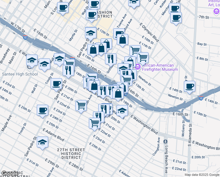 map of restaurants, bars, coffee shops, grocery stores, and more near 1101 East 18th Street in Los Angeles