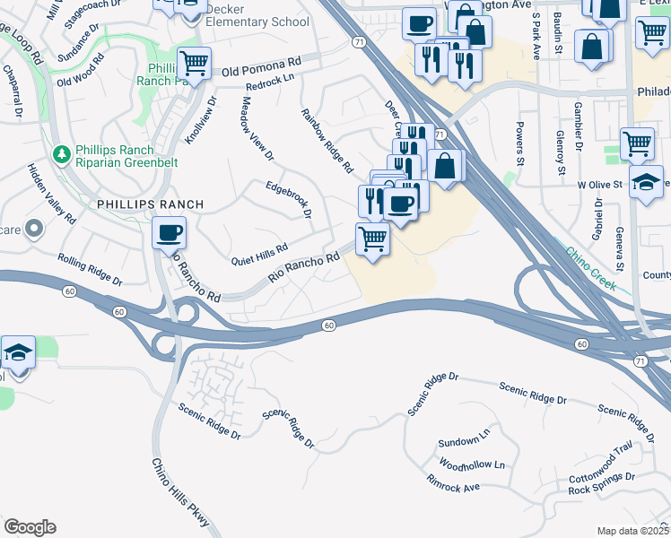map of restaurants, bars, coffee shops, grocery stores, and more near 58 Carriage Way in Pomona