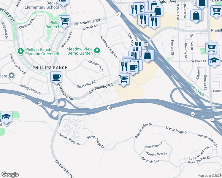 map of restaurants, bars, coffee shops, grocery stores, and more near 63 Carriage Way in Pomona