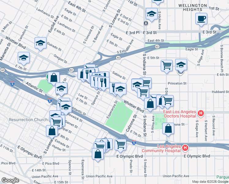 map of restaurants, bars, coffee shops, grocery stores, and more near 3552 Whittier Boulevard in Los Angeles