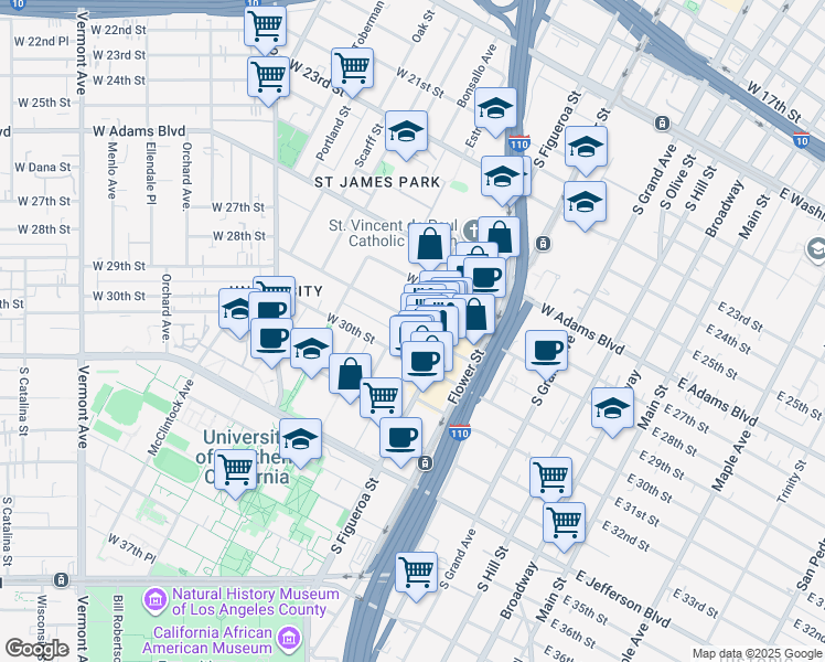 map of restaurants, bars, coffee shops, grocery stores, and more near 2811 South Figueroa Street in Los Angeles