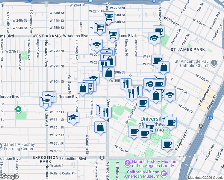 map of restaurants, bars, coffee shops, grocery stores, and more near 3310 Vermont Avenue in Los Angeles