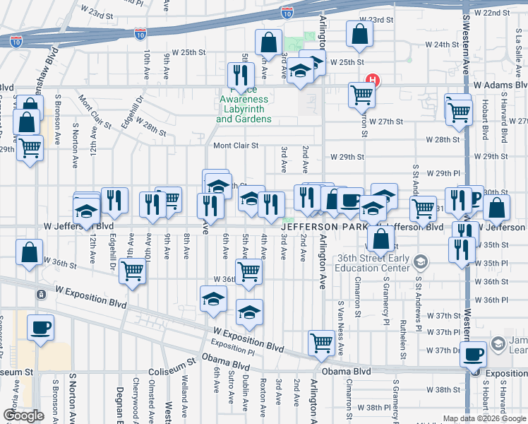 map of restaurants, bars, coffee shops, grocery stores, and more near 3111 4th Avenue in Los Angeles